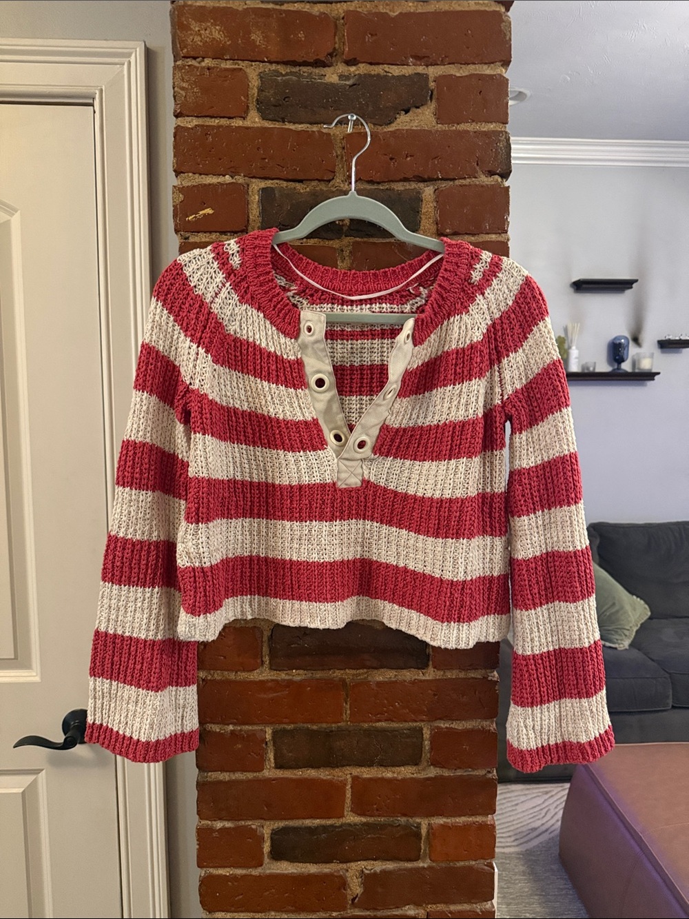 Anthropologie Striped Red and Cream Knit Women's Sweater - Cropped Henley Style